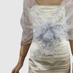 Silver Glitter Organza Shawl: Wedding Bridesmaid Wrap with Scrunchie