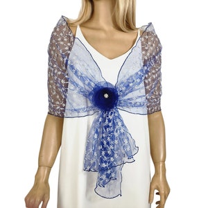 blue tulle stole shawl, blue floral wrap shrug, hands free shawl, blue comunion shawl, pull through wrap