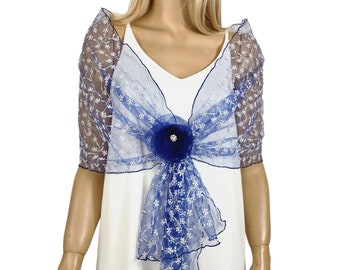 Blue Tulle Stole Shawl: Floral Wrap Shrug with Ring