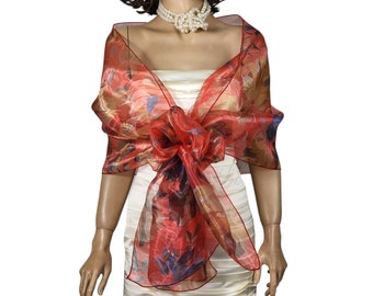 Red floral organza wrap shawl, red shrug spring summer bridesmaids bridal wrap red floral shawl