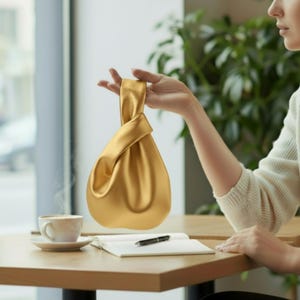 May include: A golden-yellow satin knot bag with a twisted handle. The bag is held up in front of a window and a table with a cup of coffee, a pen, and a notebook. The bag has a smooth, shiny texture.