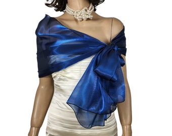 Royal blue organza stole shawl, dark blue wrap shrug, hands free shawl, royal blue comunion shawl, pull through wrap