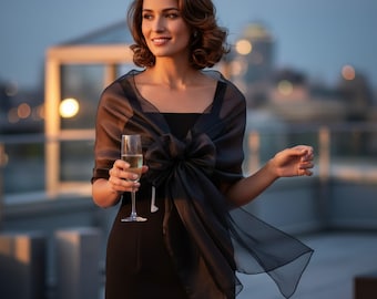 Black Organza Evening Shawl, Occasion Wrap Shrug with Removable Scrunchie