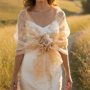Ljus laxorange organza-aftonsjal: Bolero med avtagbar scrunchie till tillfället