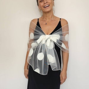 Off white wedding wrap shawl, white tulle evening wrap shawl, pearl beaded tulle evening wrap, off the shoulder stole, hands free shawl