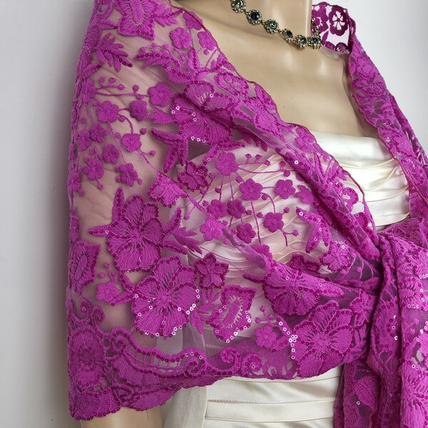 Luxury fuchsia lace wrap shawl bolero Winter wedding shrug elegant accessory 200 cm dark pink