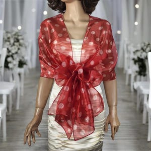 Red organza wrap shawl, red dotted shrug spring summer bridesmaids bridal wrap red shawl