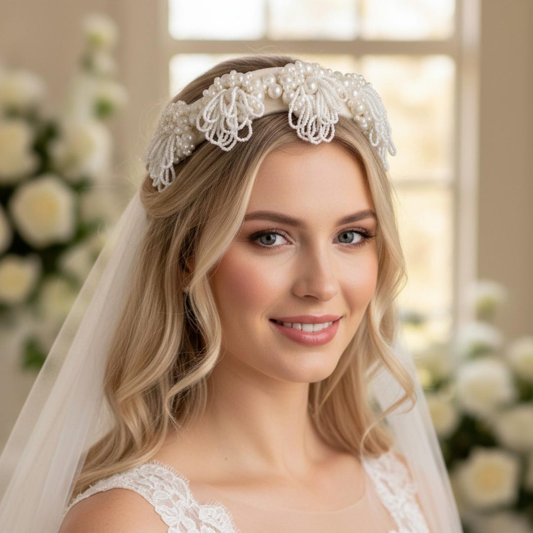 Ivory Lace Pearl Beaded Headband Bridal Wide Padded Wedding Vintage Bride Wedding Headband, Bridal Pearl Headband, Beaded Head Piece  main image 2