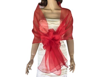 Red Organza Evening Shawl: Formal Shrug for Bridesmaids with Removable Scrunchie