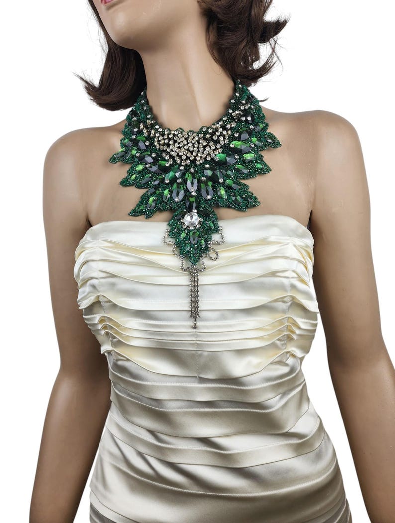 Emerald Green Crystal Bib Necklace: Rhinestone Statement Jewelry image 9