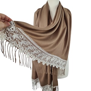 Mocha Wedding Pashmina Shawl Bridal Cover-Up with Floral Lace