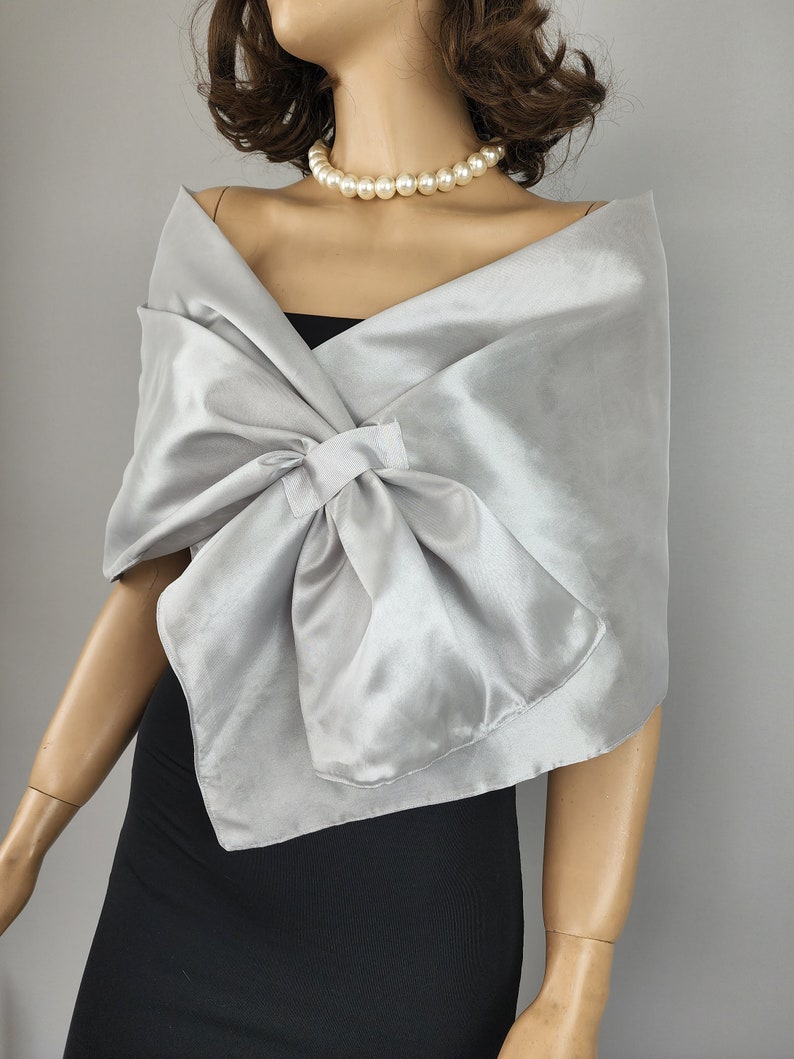 silver gray satin wrap shawl, grey gray satin cover up shawl, silver evening wrap, formal event shawl, bridal cover up, bridesmaid gift image 4