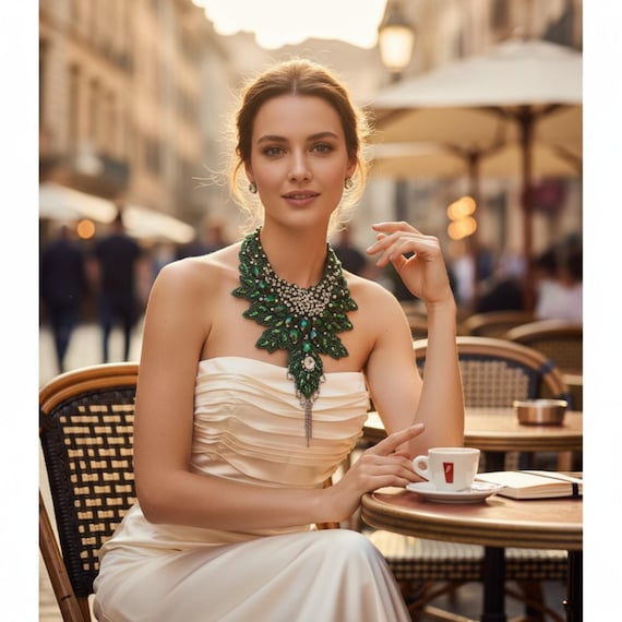 Emerald Green Crystal Bib Necklace: Rhinestone Statement Jewelry