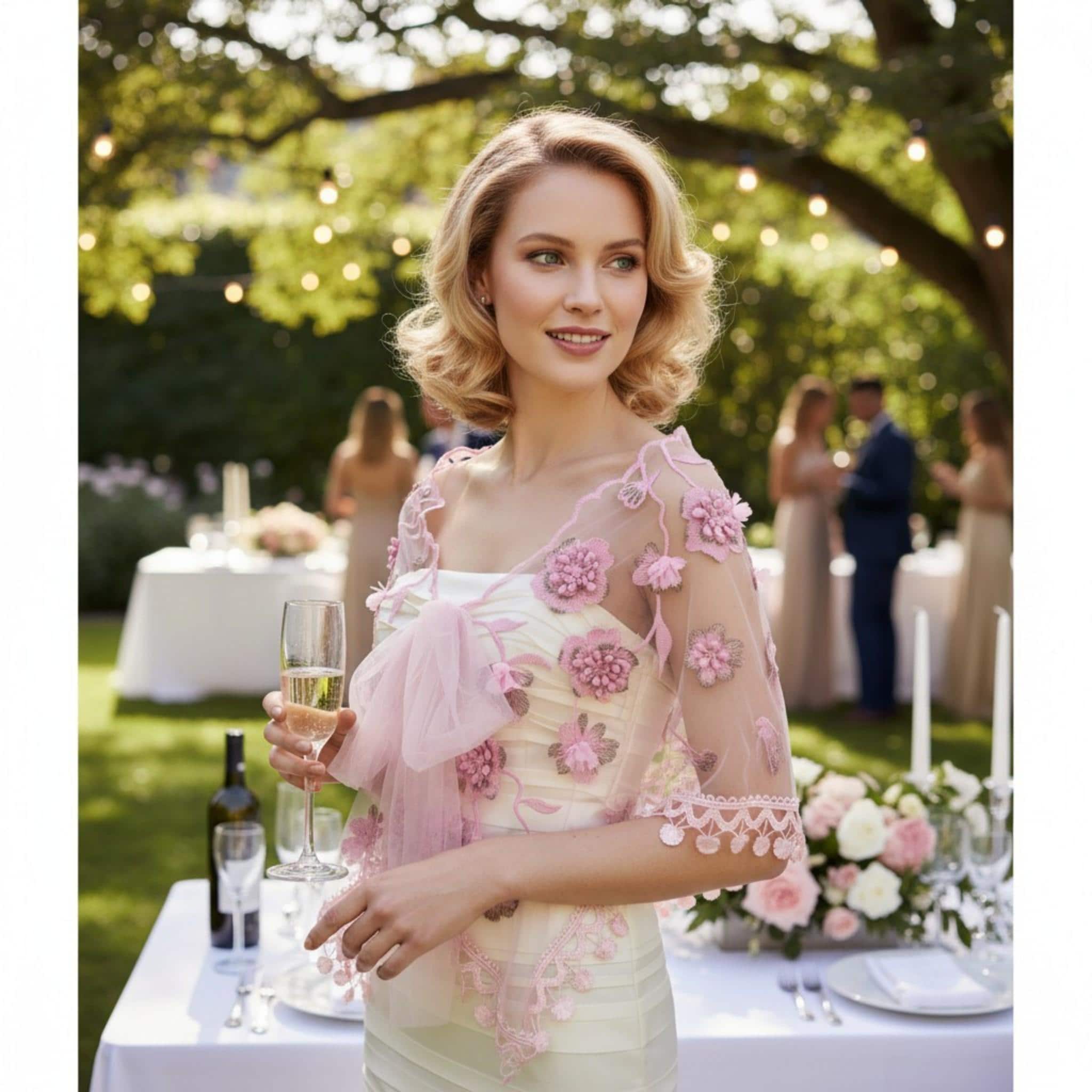 Pink Evening Wrap with 3D flowers: Bridal Shawl with lace Limited Edition