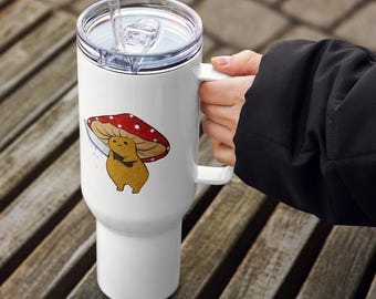 Unhinged Mushroom Travel Mug with Handle, Funny Goblincore 40oz Tumbler, Feral Meme Iced Coffee Cup, Chaotic Aesthetic Desk Accessory