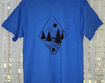 Mountain Graphic Tee, Heather Royal Hiking T-Shirt, Nature Lover Gift, Boho Sunflower Camping Apparel, Outdoor Adventure Screen Print Top