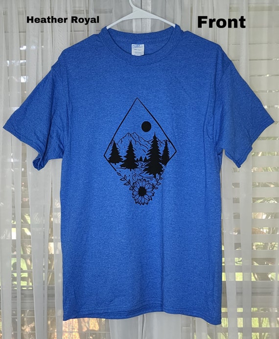 Mountain Graphic Tee, Heather Royal Hiking T-Shirt, Nature Lover Gift, Boho Sunflower Camping Apparel, Outdoor Adventure Screen Print Top