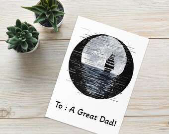 Nautical Father's Day Card, Ship Under Moon Art, Dad Birthday Card, Minimalist Blank Inside Greeting Card for Him, Ocean Sailor Dad Gift