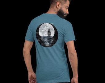 Nautical Sailboat Graphic Tee, Minimalist Ocean Art Shirt, Ship Under Moon Back Print T-Shirt, Maritime Sailor Gift, Wanderlust Apparel