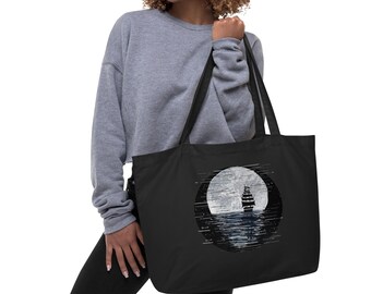 Organic Cotton Tote Bag Ship Under Moon Art, Eco Friendly Grocery Bag, Minimalist Sailor Gift, Sustainable Beach Tote, Book Lover Canvas Bag