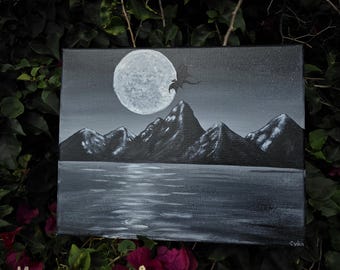 Black and White - Original 14x11 Acrylic Painting of Ocean, Moon, and Dragon