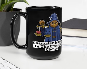 DnD Owl Mug – Fantasy Wizard Coffee Cup, Dungeons and Dragons Gift, RPG Gamer Mug, Black Glossy Ceramic Mug