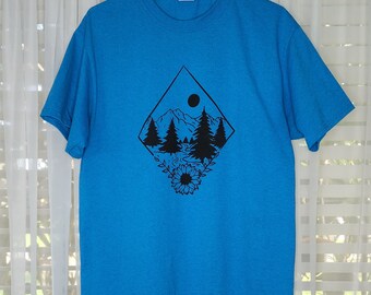 Mountain Graphic Tee, Neon Blue Hiking T-Shirt, Nature Lover Gift, Boho Sunflower Camping Apparel, Outdoor Adventure Screen Print Top