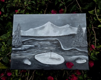 One-of-a-Kind Serene Golf Course Landscape - Black and White Acrylic Painting on Canvas