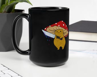 Unhinged Mushroom Coffee Mug, Funny Coworker Gift, Feral Meme Tea Cup, Goblincore Aesthetic Black Mug, Dark Humor Desk Accessory