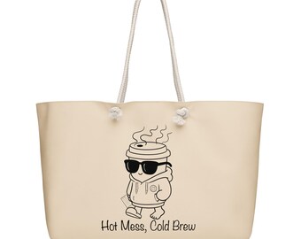 Funny Iced Coffee Weekender Bag, Hot Mess Cold Brew Tote, Exhausted Mom Beach Bag, Caffeine Lover Gift, Large Travel Oversized Purse