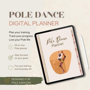 May include: A digital pole dance planner displayed on a tablet screen with a stylus. The screen shows a cover page with the text Pole Dance Planner and an illustration of a person on a pole. The interface includes monthly tabs and spiral binding.