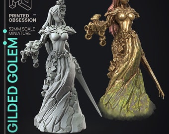 Golem doré / Golem féminin | Chair d'or | Échelle 32 mm | Obsession imprimée | Miniature imprimée en 3D