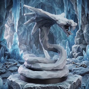 May include: A light gray, faceted, serpentine creature figurine with an elongated body coiled at the base, a wide head with sharp fangs, and jagged, crystalline-like protrusions extending from its back, mounted on a circular black base.