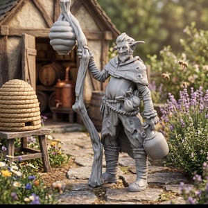May include: A grey figurine of an elf-like character, smiling and holding a staff with a beehive-shaped object. The figure wears a cloak and carries a jug. A beehive and wooden structure are in the background, with flowers and foliage.