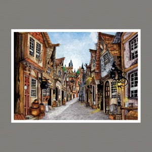 Hogsmeade / Zweinstein - Harry Potter-universum - Vintage A4-poster, A5-ansichtkaart, A6-ansichtkaart - Gezellige woondecoratie - Aquarelprint