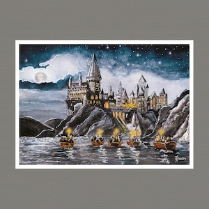 Ankomst till Hogwarts - Harry Potter Universum - Vintage A4-affisch, A5-vykort, A6-vykort - Trollkarlsheminredning - Akvarelltryck