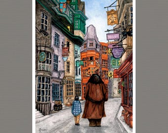 Diagon Alley - Harry en Hagrid - Vintage A4 poster, A5 ansichtkaart, A6 ansichtkaart - Gezellige woondecoratie - Aquarelprint