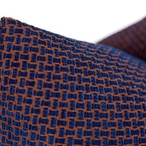 Può includere: Due cuscini decorativi con un motivo geometrico blu e marrone.