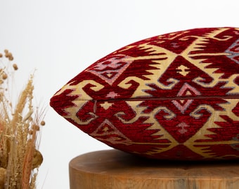 Red Kilim Pillow Cover, Boho Decorative Cushion, Tribal Throw Pillow, Vintage Home Décor, Handmade Accent, Rustic Farmhouse, Custom Size