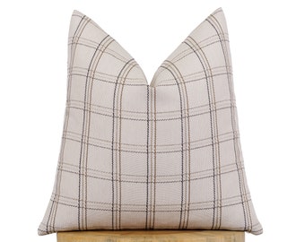 Beige Plaid Pillow Cover, Windowpen Decor Throw Pillow, Beige Plaid Euro Sham, Modern Farmhouse Cushion Cover, Custom Size