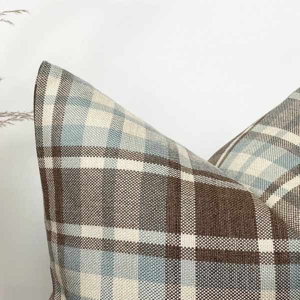 Plaid Pillow Cover, Blue Beige Brown Pillow Cover, Woven Pillowcase, Plaid Euro Sham, Custom Size, Lumbar Pillow, Striped Linen Pillowcase