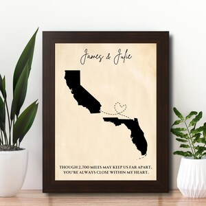 meilen auseinander, aber nahe am Herzen benutzerdefinierte Wandkunst von Zustand zu Zustand Geschenk Personalisieren Fern gerahmte Kunst Fern Freundschaft Geschenk