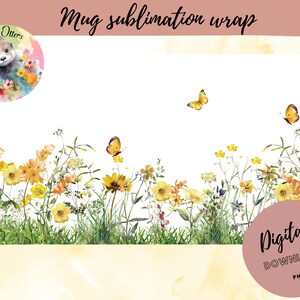 Yellow Watercolour Flower Meadow Mug Wrap for Sublimation - Instant Digital Design Download 11 oz 15 oz Mug Wrap Design - PNG