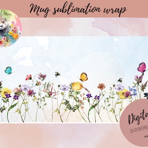 Bundle of Watercolour Flower Meadow Mug Wraps for Sublimation - Instant Digital Design Download 11 oz 15 oz Mug Wrap Design - PNG