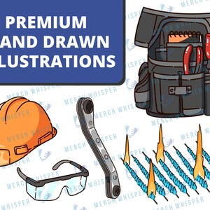 K&ouml;nnte beinhalten: Ein Satz handgezeichneter Illustrationen mit Werkzeugen und Sicherheitsausr&uuml;stung f&uuml;r Bauarbeiter. Das Set beinhaltet einen Helm, eine Schutzbrille, einen Schraubenschl&uuml;ssel, einen Werkzeugg&uuml;rtel und einen Satz Schwei&szlig;brenner.