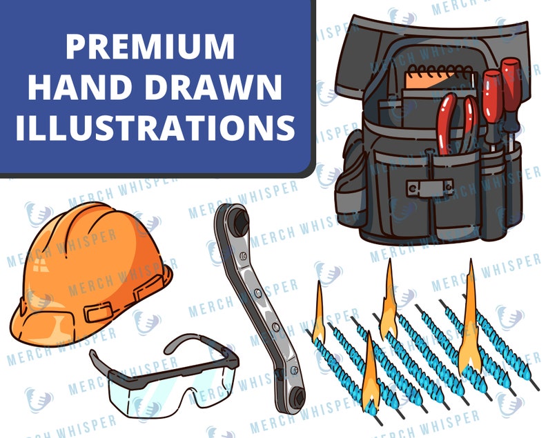 K&ouml;nnte beinhalten: Ein Satz handgezeichneter Illustrationen mit Werkzeugen und Sicherheitsausr&uuml;stung f&uuml;r Bauarbeiter. Das Set beinhaltet einen Helm, eine Schutzbrille, einen Schraubenschl&uuml;ssel, einen Werkzeugg&uuml;rtel und einen Satz Schwei&szlig;brenner.