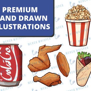 May include: A set of hand-drawn illustrations featuring a can of cola, a bucket of popcorn, a chicken wing, and a burrito. The illustrations are in a cartoon style and are perfect for use in a variety of projects.