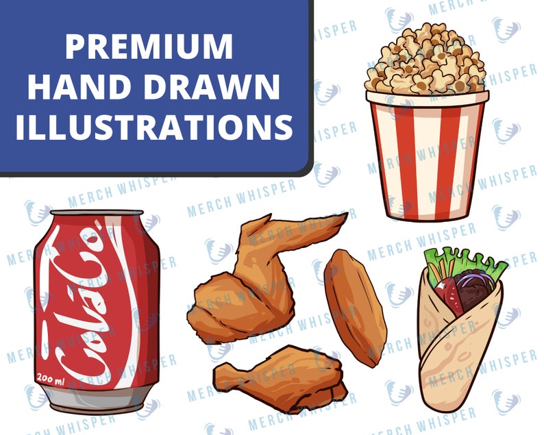 May include: A set of hand-drawn illustrations featuring a can of cola, a bucket of popcorn, a chicken wing, and a burrito. The illustrations are in a cartoon style and are perfect for use in a variety of projects.