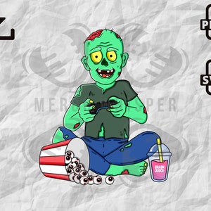 Op de afbeelding: Een groene zombie-cartoonfiguur met een grijs T-shirt en een blauwe jeans zit op de grond en speelt een videogame. De zombie houdt een zwarte videogamecontroller vast. Er is een rood-wit gestreepte emmer met oogbollen die eruit vallen en een roze beker met een rietje waarop "Brain Juice" staat.