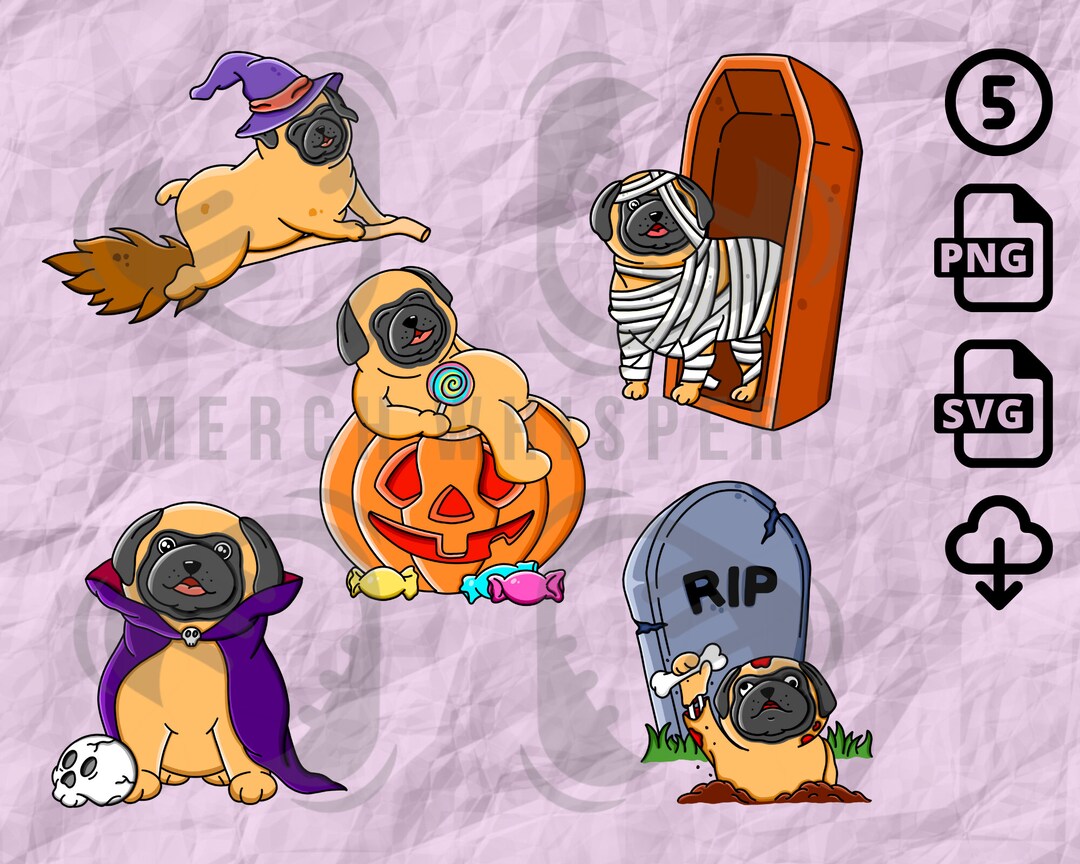 5 Halloween Dog SVG, Pug PNG for Sublimation, Pumpkin Printable, Puppy ...